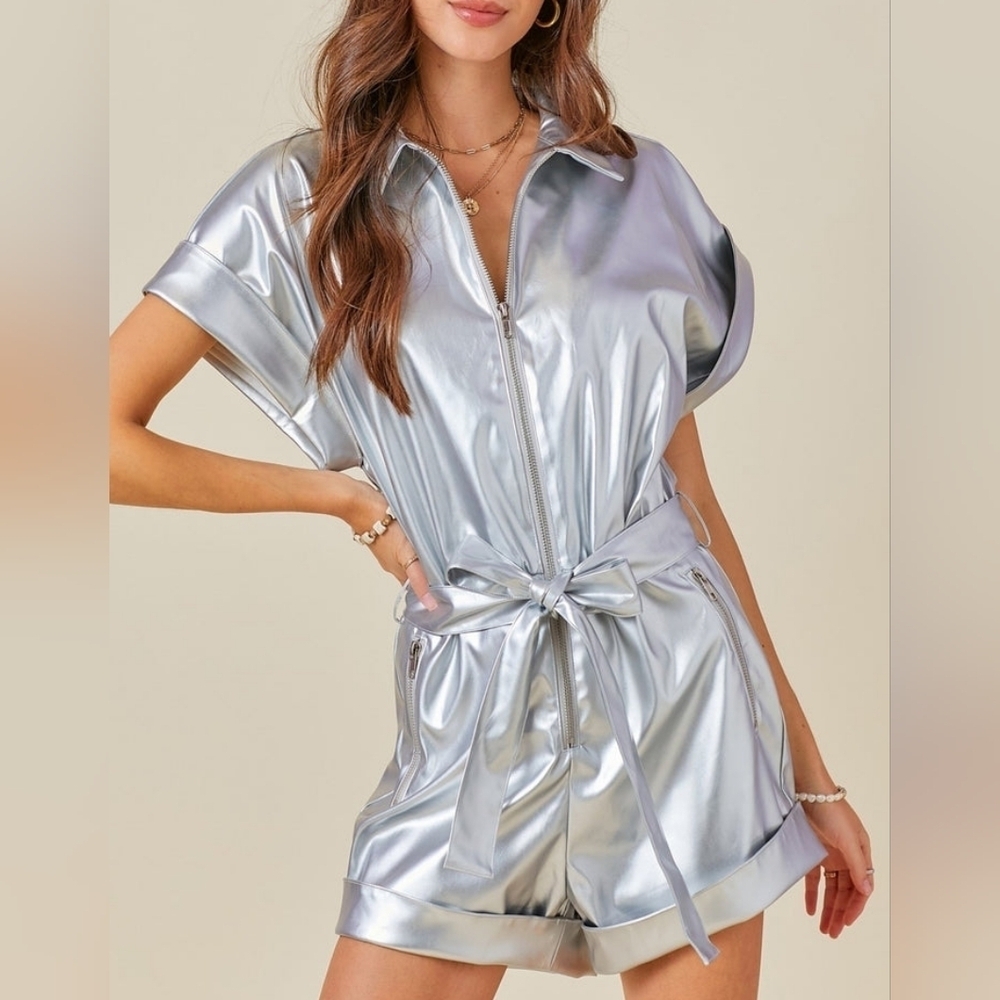 Day & Moon Faux Leather Fashion Romper Silver Zip Front Self Tie Belt